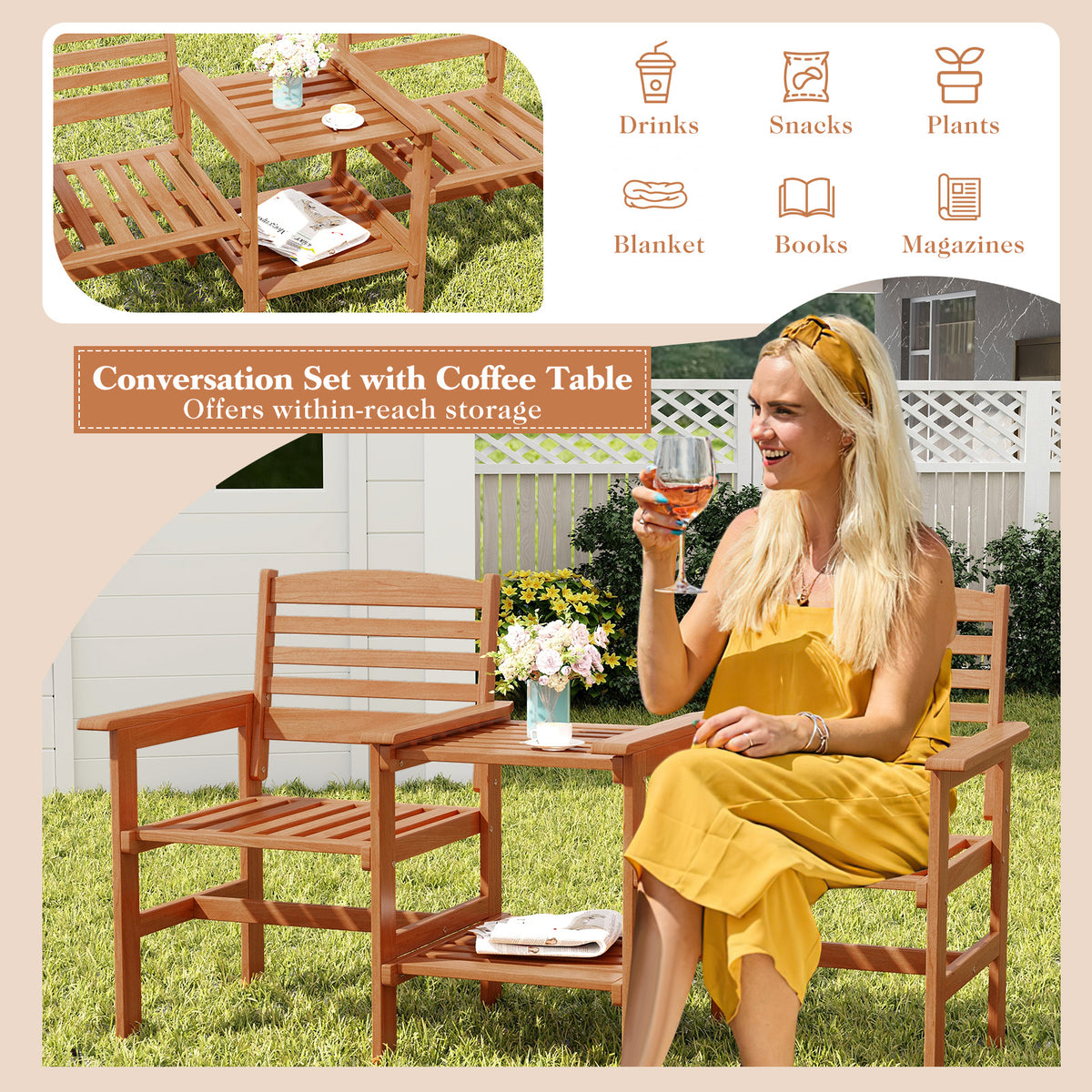 Outdoor Wood 2-Seat Conversation Set with Coffee Table - Backrest Style 2