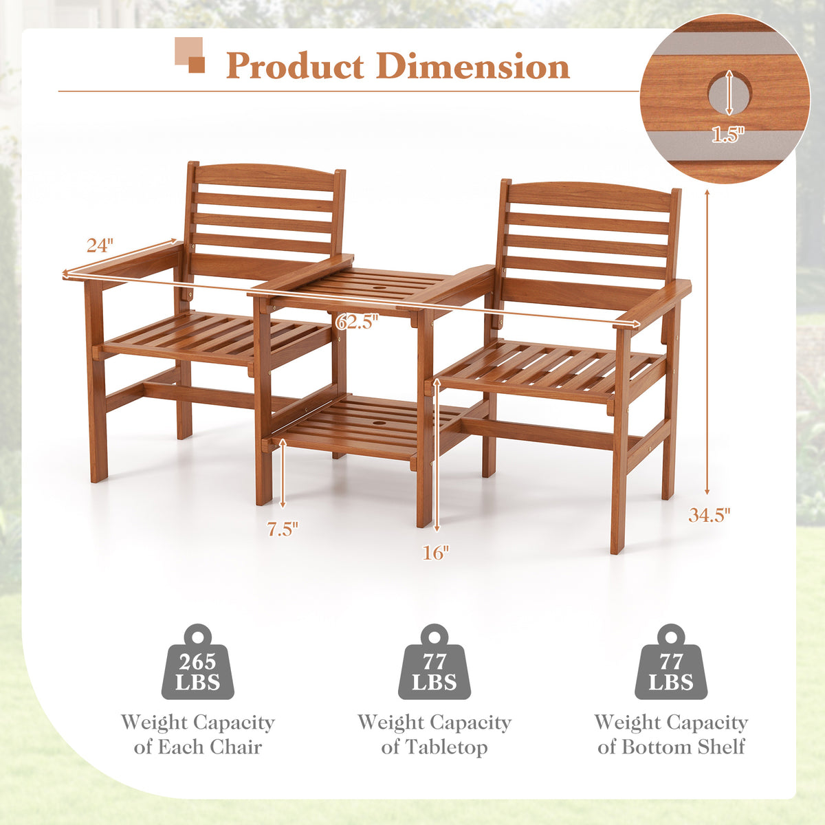 Outdoor Wood 2-Seat Conversation Set with Coffee Table - Backrest Style 2