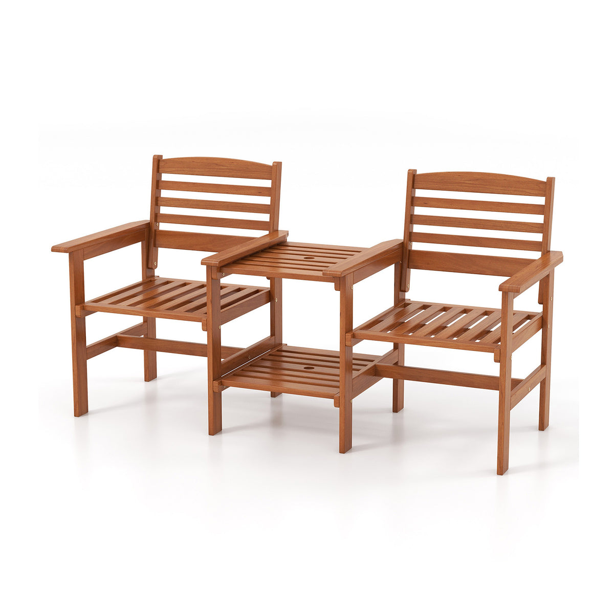 Outdoor Wood 2-Seat Conversation Set with Coffee Table - Backrest Style 2