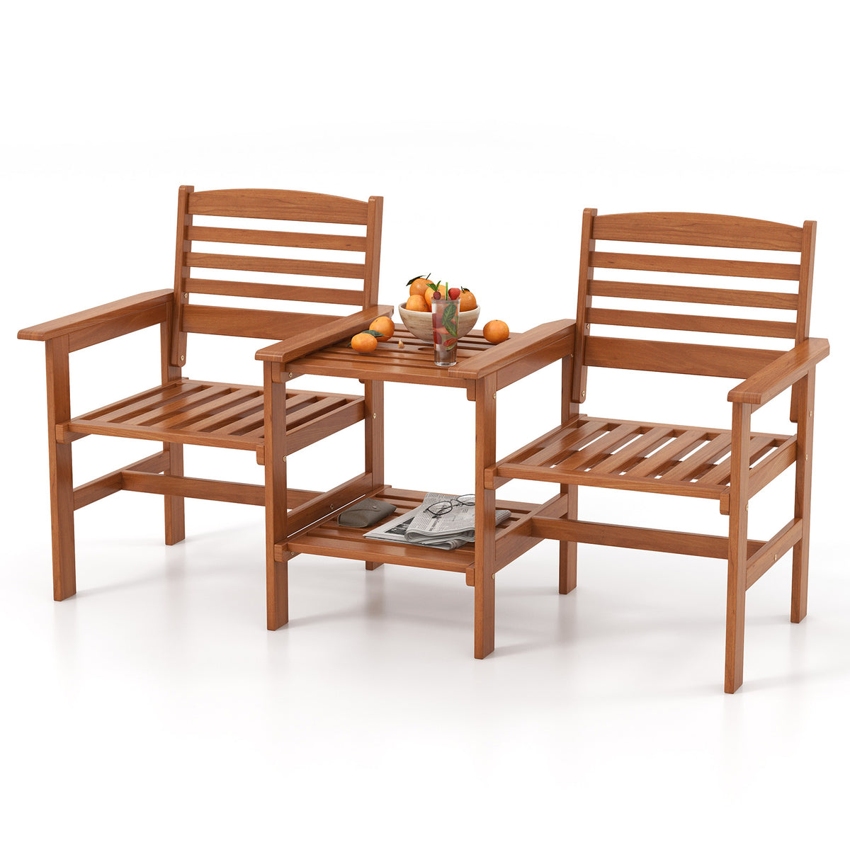 Outdoor Wood 2-Seat Conversation Set with Coffee Table - Backrest Style 2