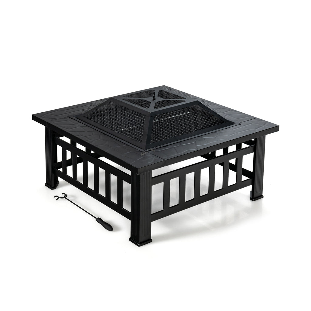 32 Inch Square Fire Pit Table - 3-in-1 BBQ Grill & Ice Bucket
