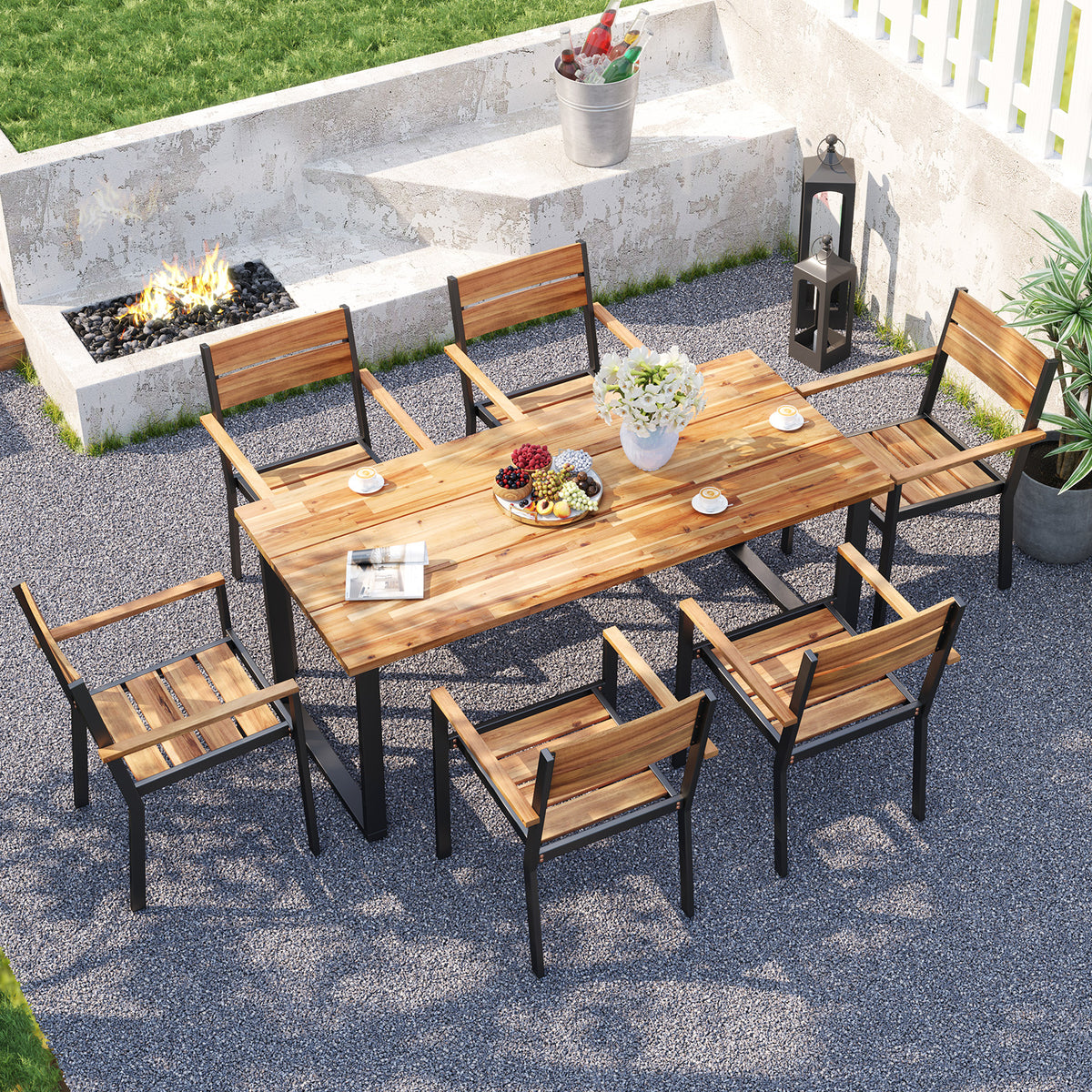 Outdoor Dining Chairs Set of 6, Acacia Wood with Armrests