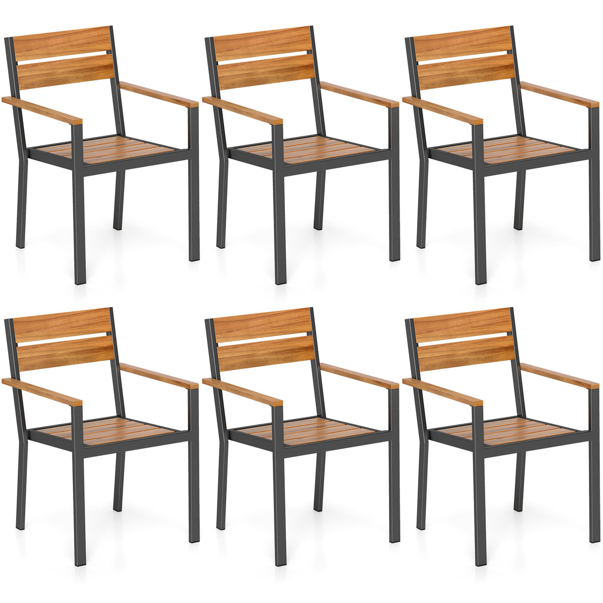 Outdoor Dining Chairs Set of 6, Acacia Wood with Armrests