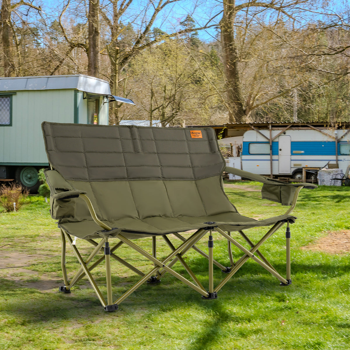 Oversized Camping Loveseat Folding Chair with Cup Holders - Green