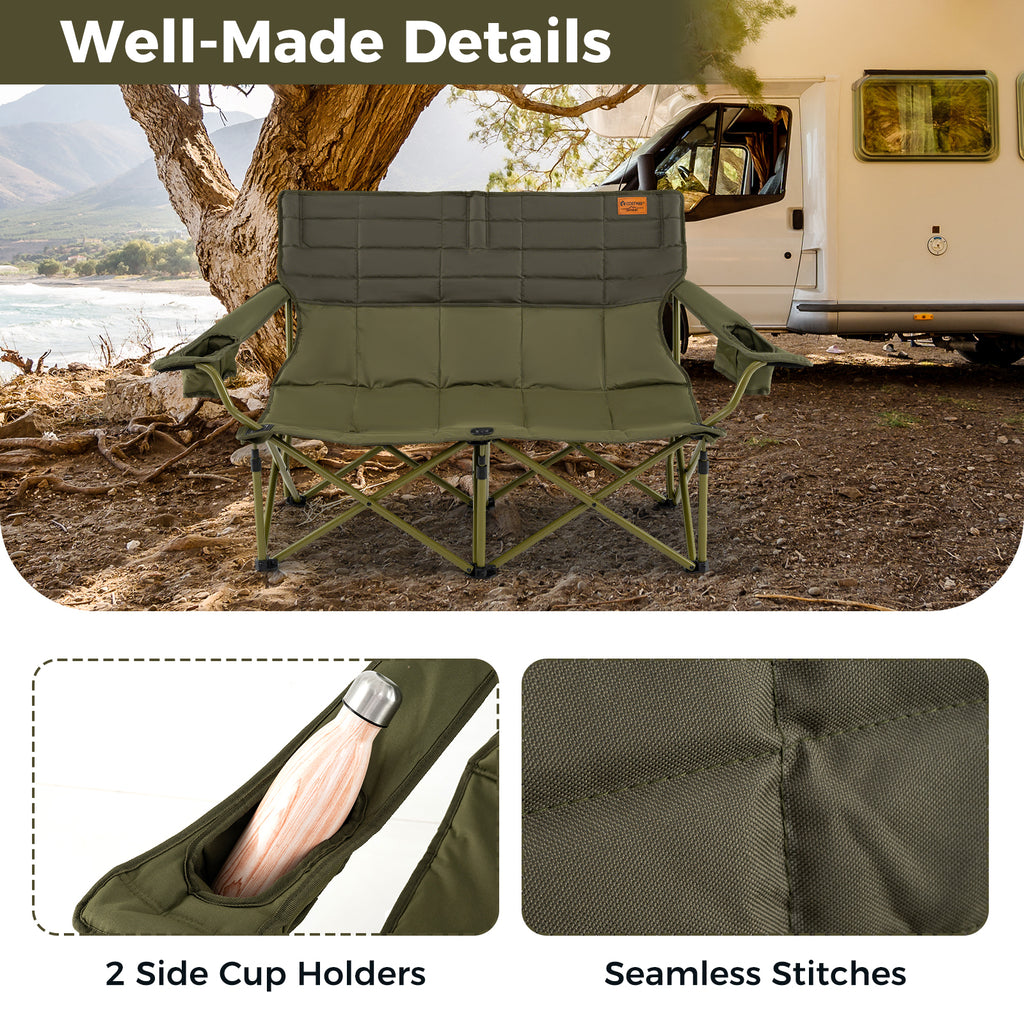 Oversized Camping Loveseat Folding Chair with Cup Holders - Green