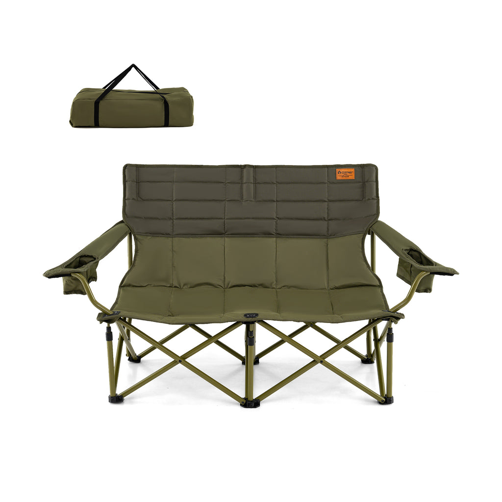 Oversized Camping Loveseat Folding Chair with Cup Holders - Green