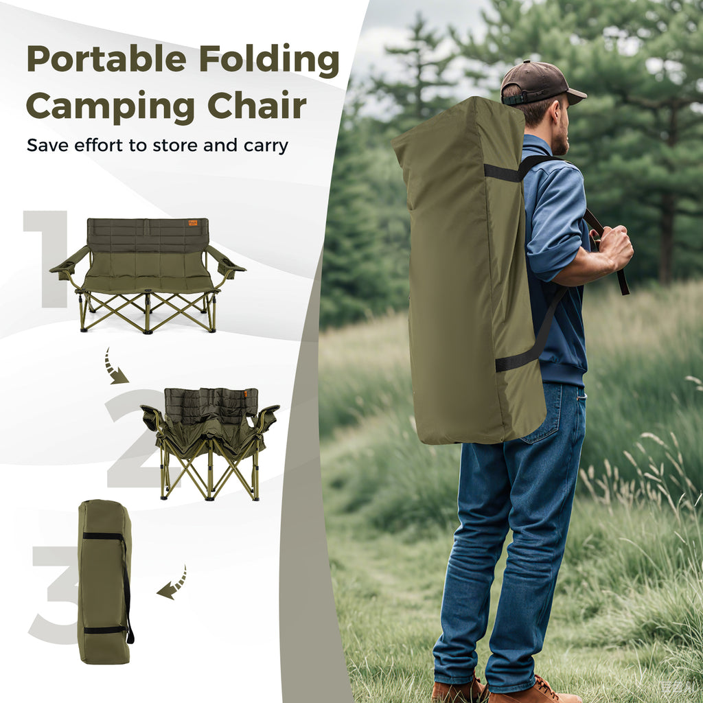 Oversized Camping Loveseat Folding Chair with Cup Holders - Green