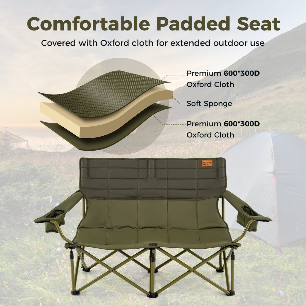 Oversized Camping Loveseat Folding Chair with Cup Holders - Green