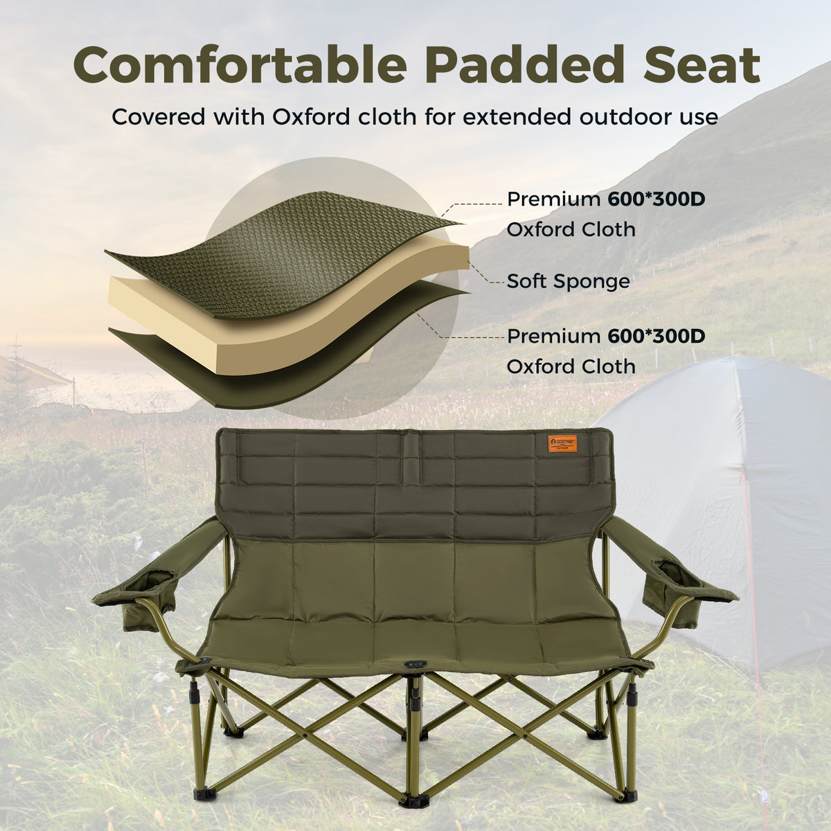 Oversized Camping Loveseat Folding Chair with Cup Holders - Green