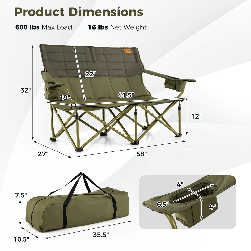 Oversized Camping Loveseat Folding Chair with Cup Holders - Green