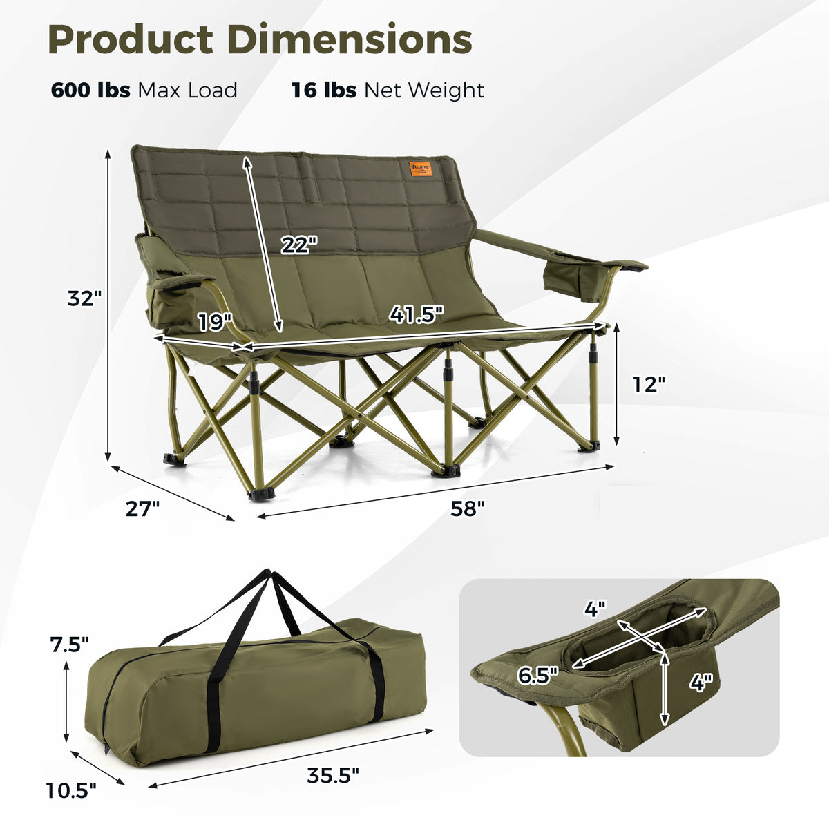 Oversized Camping Loveseat Folding Chair with Cup Holders - Green