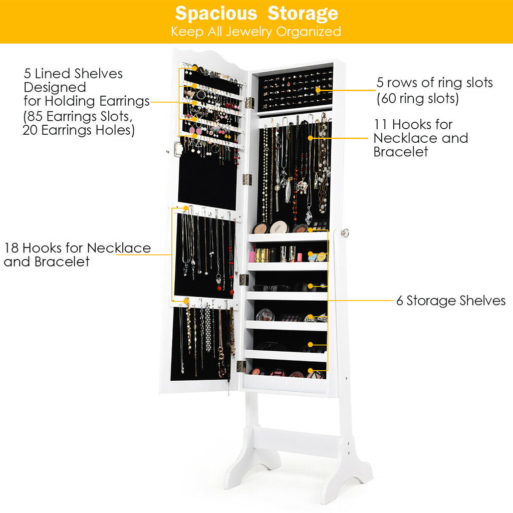 4-Angle Tilting Jewelry Cabinet with Mirror and Lock, White