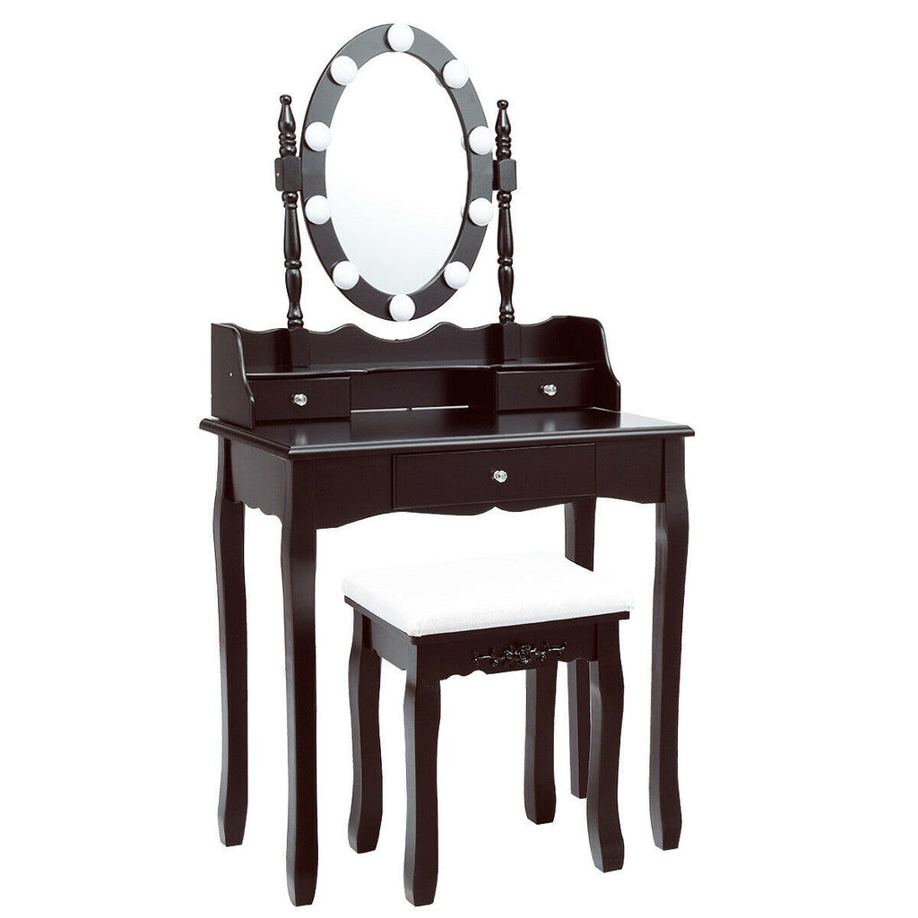 Oval Mirror Vanity Set with LED Lights and 3 Drawers, White