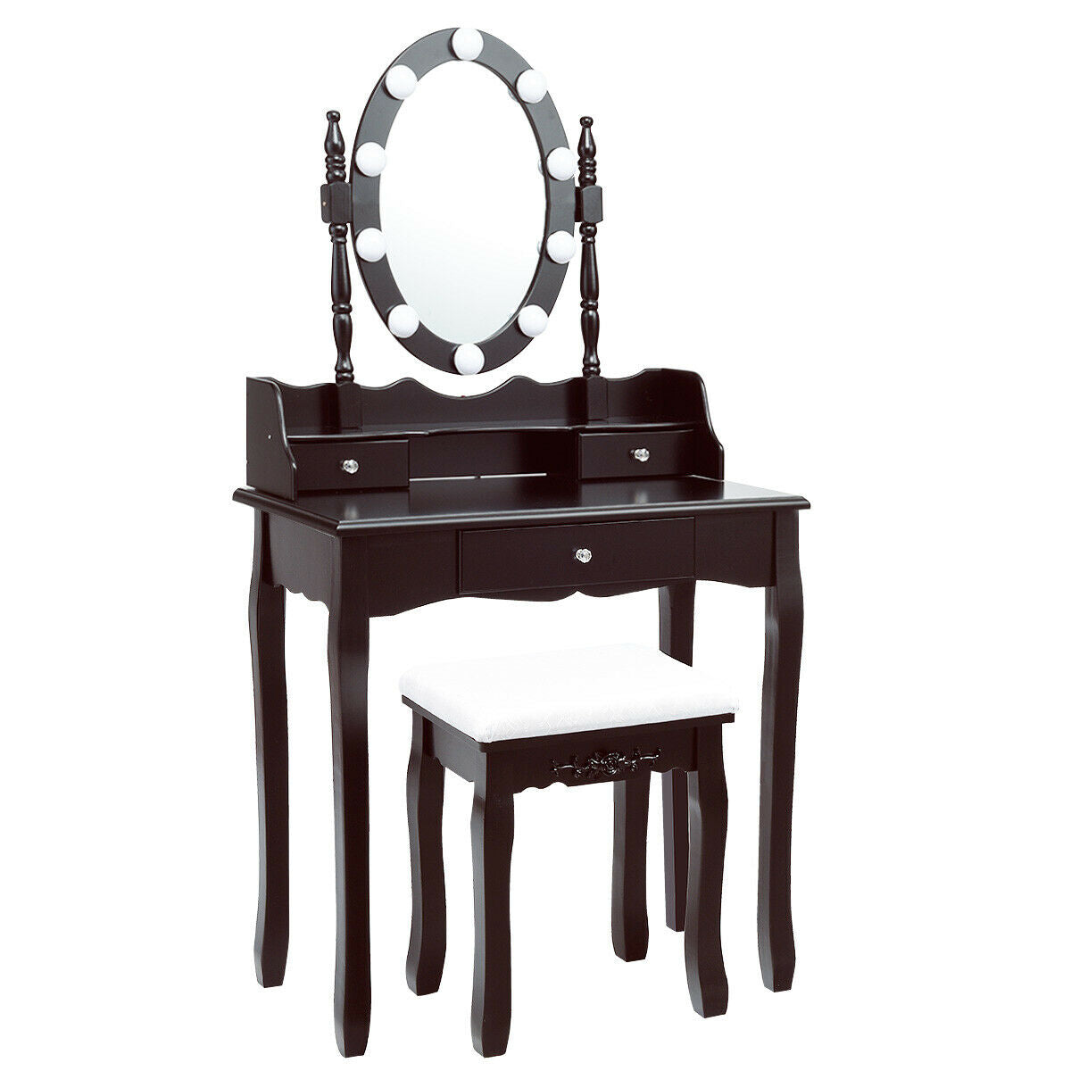 Oval Mirror Vanity Set with LED Lights and 3 Drawers, White