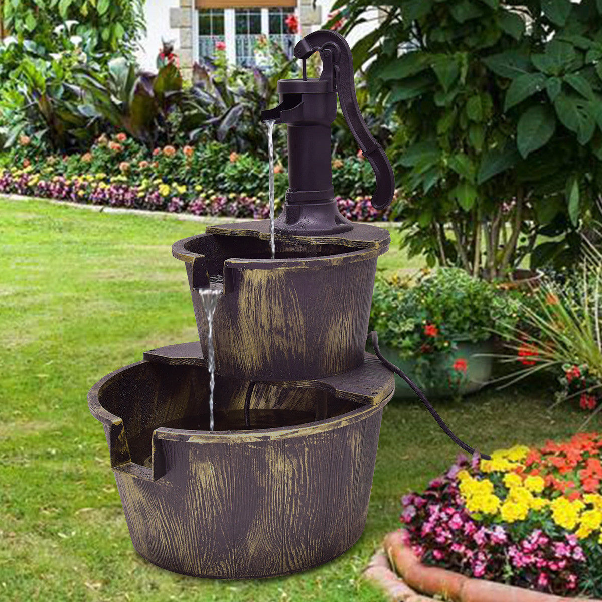 Outdoor Water Fountain with Pump - 18"L x 16"W x 27"H 2-Tier Garden Decor