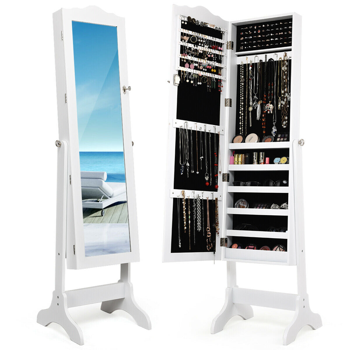 4-Angle Tilting Mirrored Jewelry Cabinet with Lock - White