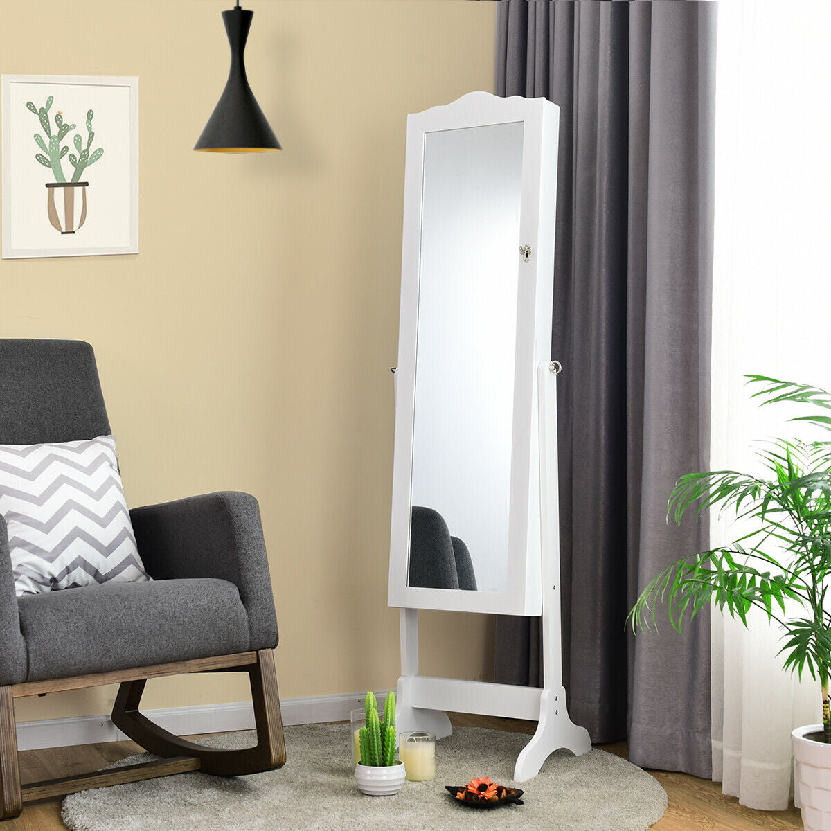 4-Angle Tilting Jewelry Cabinet with Mirror and Lock, White