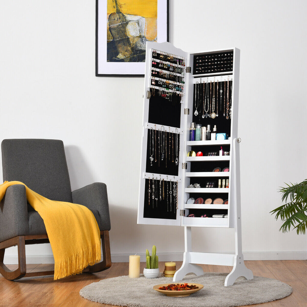4-Angle Tilting Mirrored Jewelry Cabinet with Lock - White
