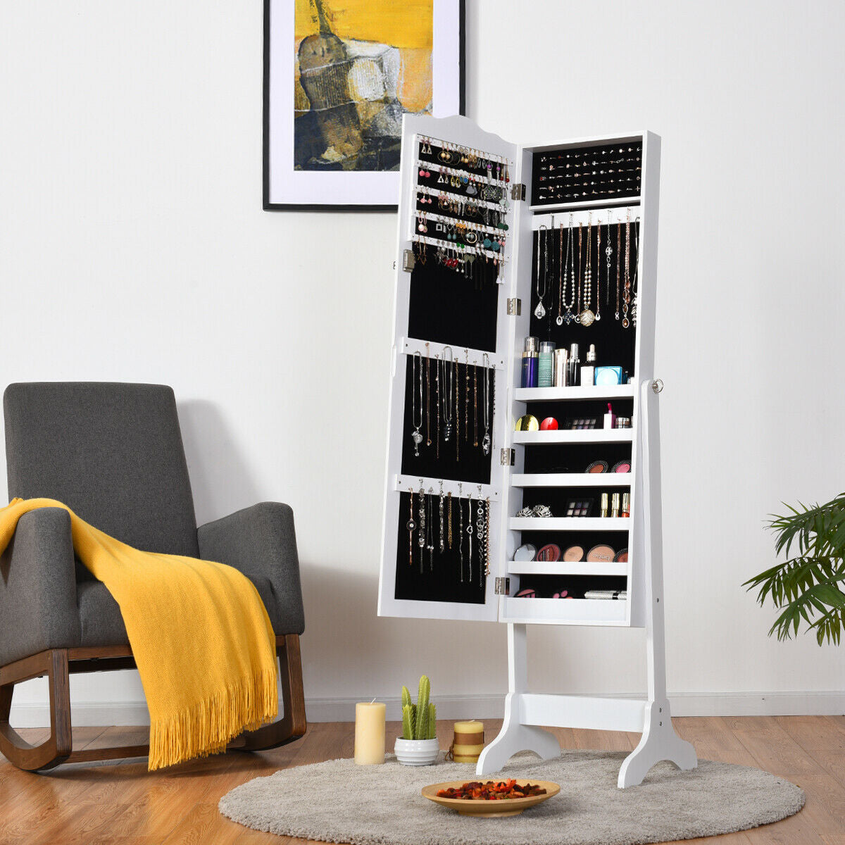 4-Angle Tilting Mirrored Jewelry Cabinet with Lock - White