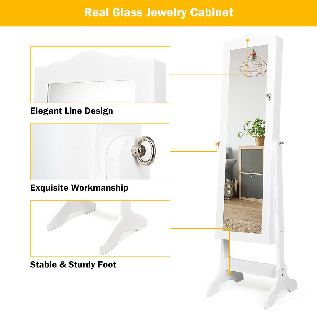 4-Angle Tilting Mirrored Jewelry Cabinet with Lock - White
