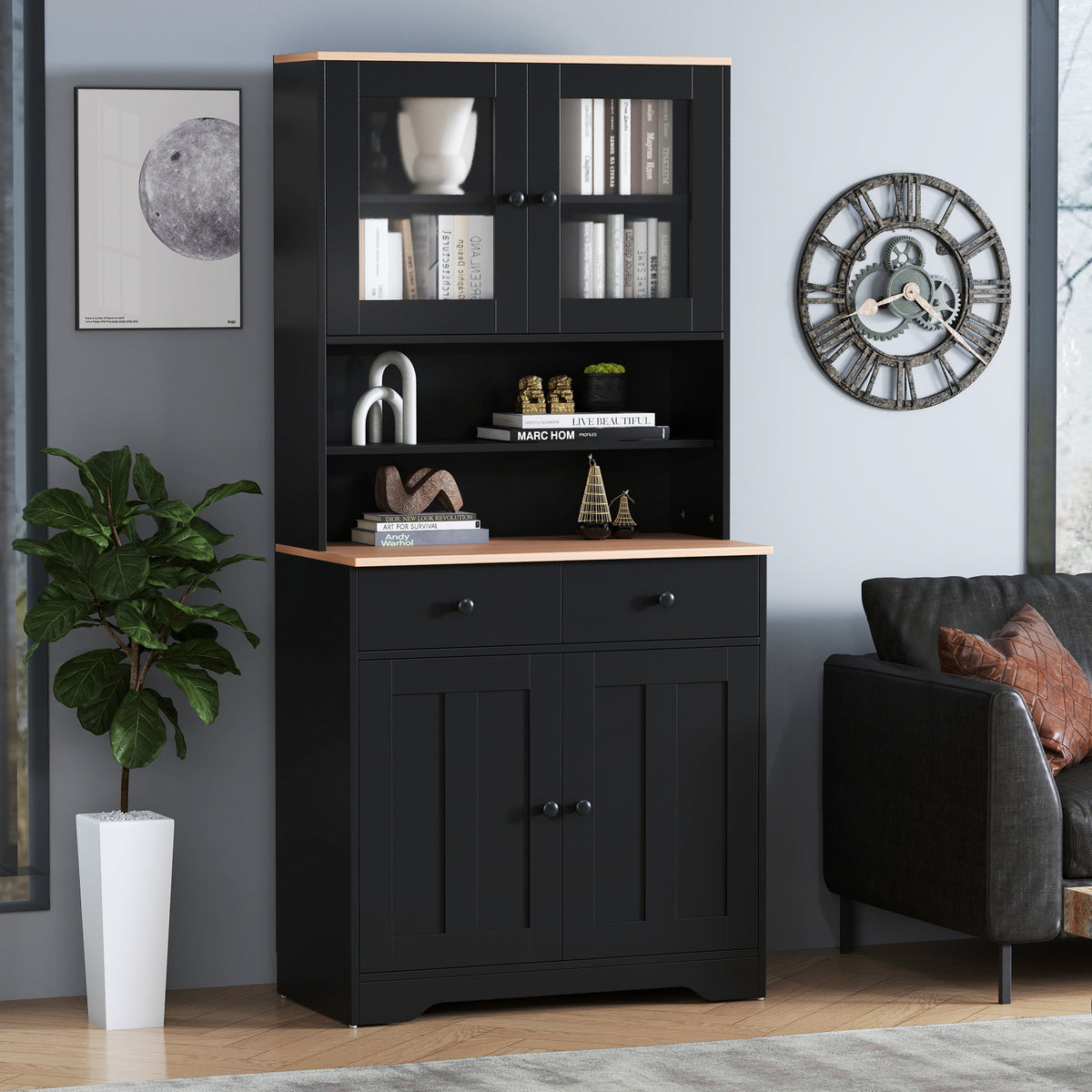 Pantry Cabinet with Glass Doors & Drawers - Black