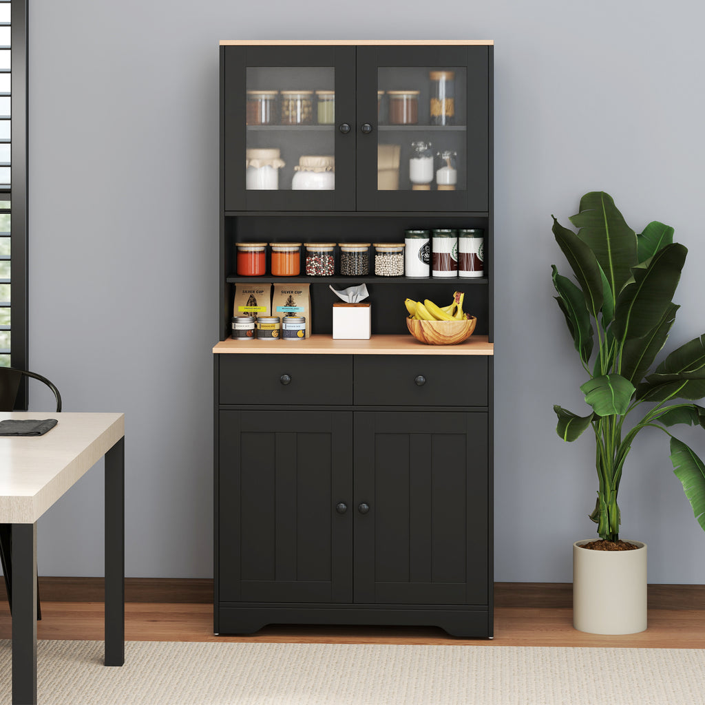 Pantry Cabinet with Glass Doors & Drawers - Black