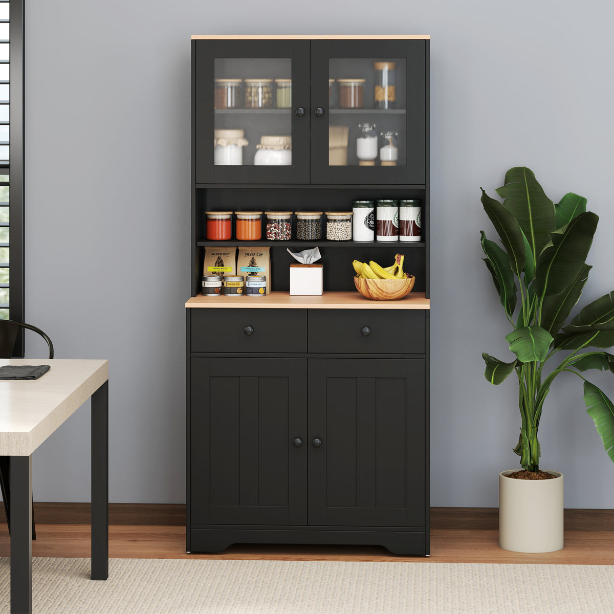 Pantry Cabinet with Glass Doors & Drawers - Black