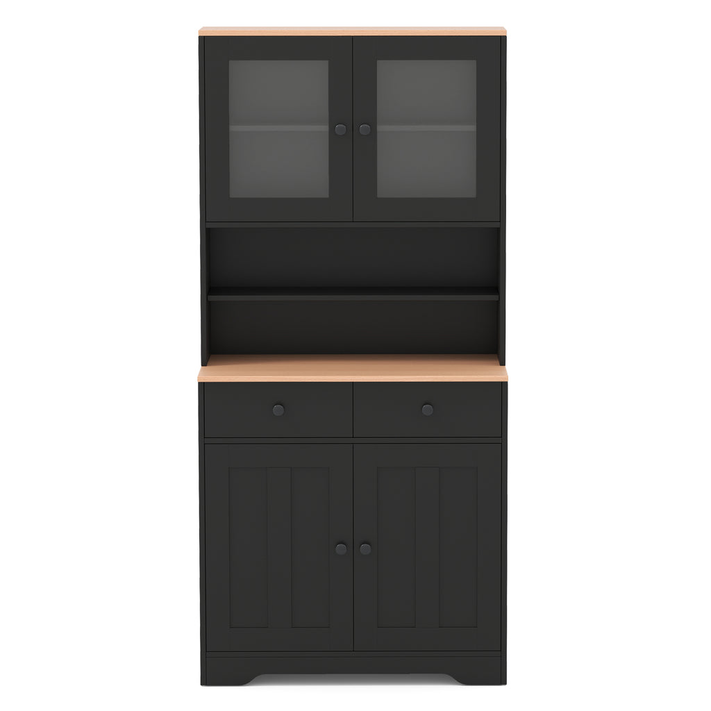 Pantry Cabinet with Glass Doors & Drawers - Black