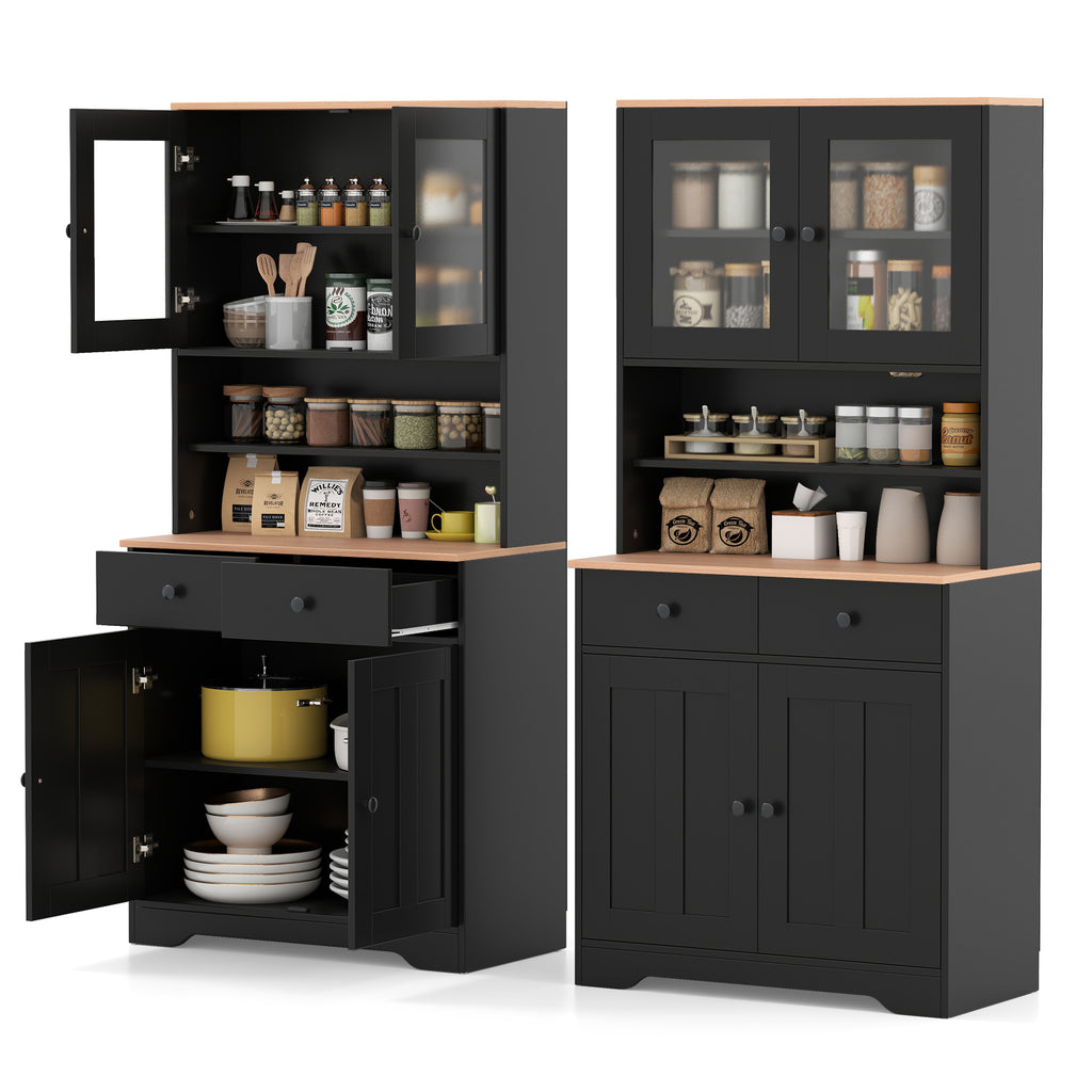 Pantry Cabinet with Glass Doors & Drawers - Black