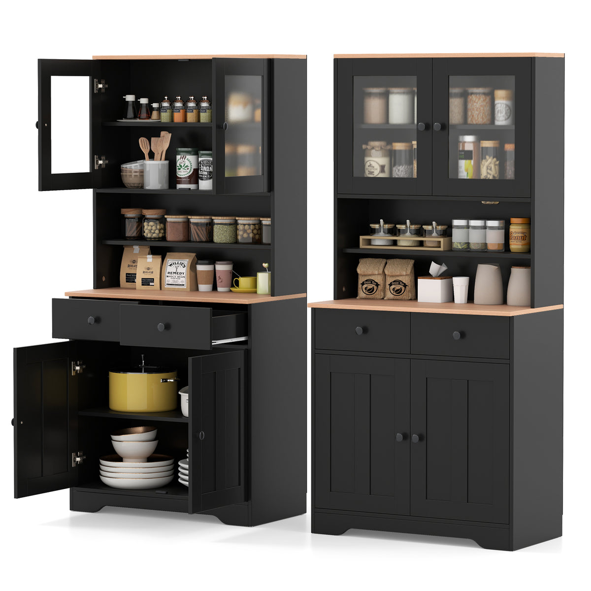 Pantry Cabinet with Glass Doors & Drawers - Black