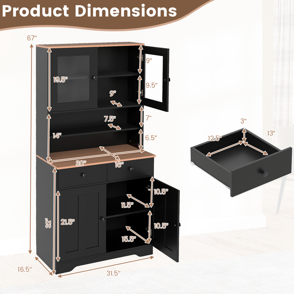 Pantry Cabinet with Glass Doors & Drawers - Black