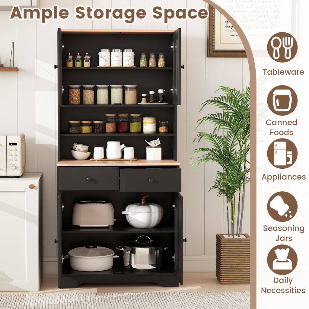 Pantry Cabinet with Glass Doors & Drawers - Black