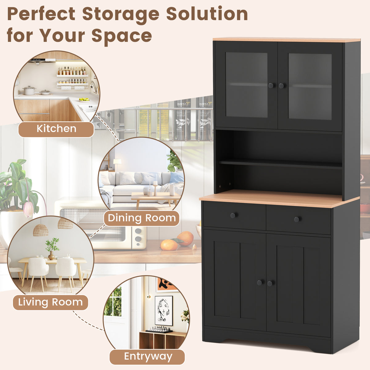 Pantry Cabinet with Glass Doors & Drawers - Black
