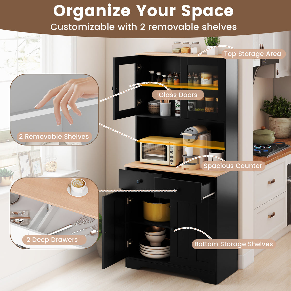 Pantry Cabinet with Glass Doors & Drawers - Black