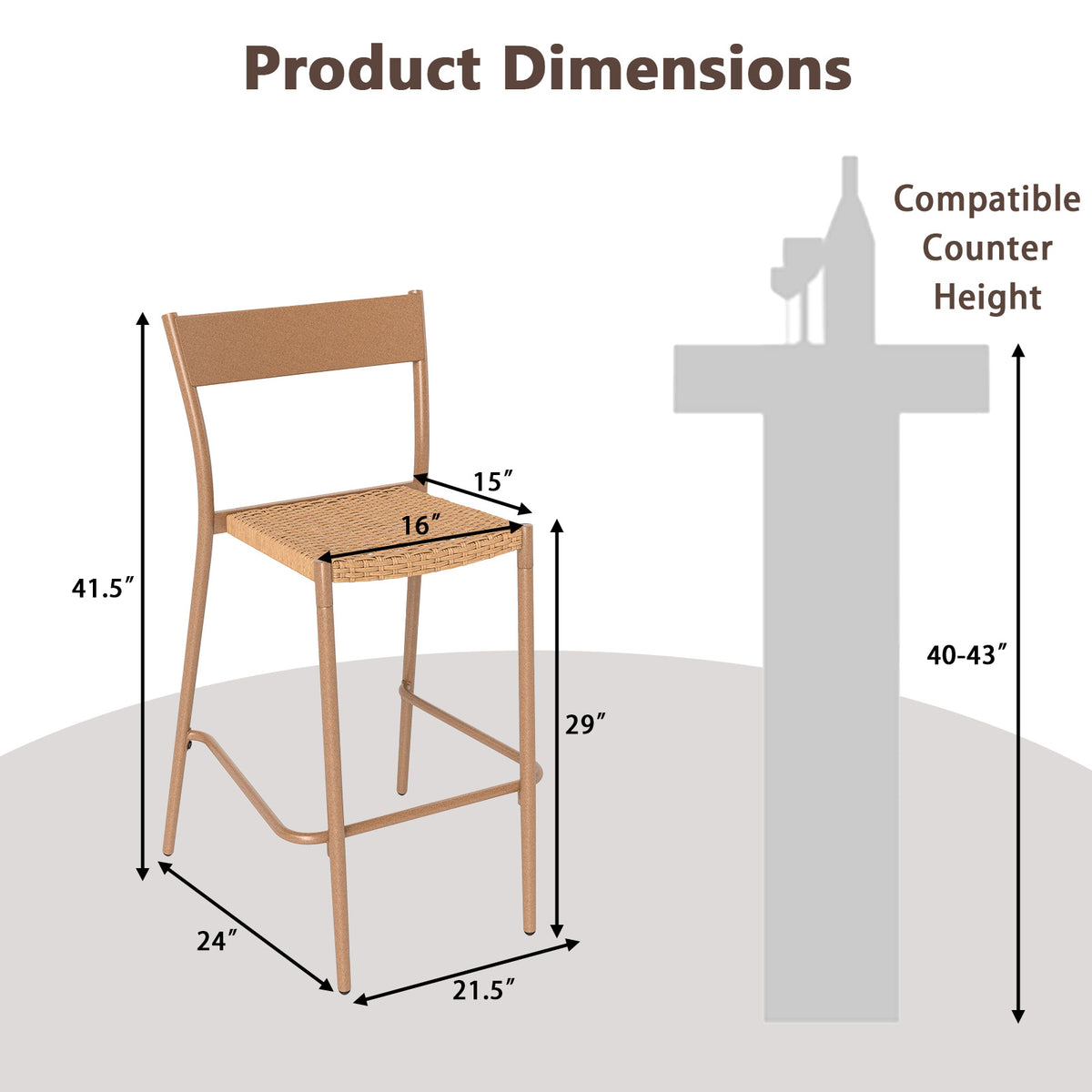 Patio Barstools Set of 2 with Rattan Seat and Metal Backrest