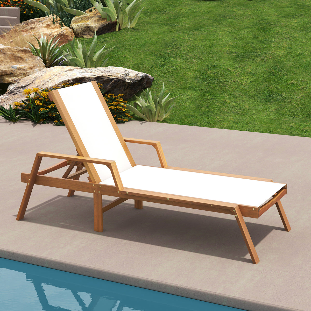 Patio Chaise Lounge Chair with Armrests and Fabric Seat for Backyard
