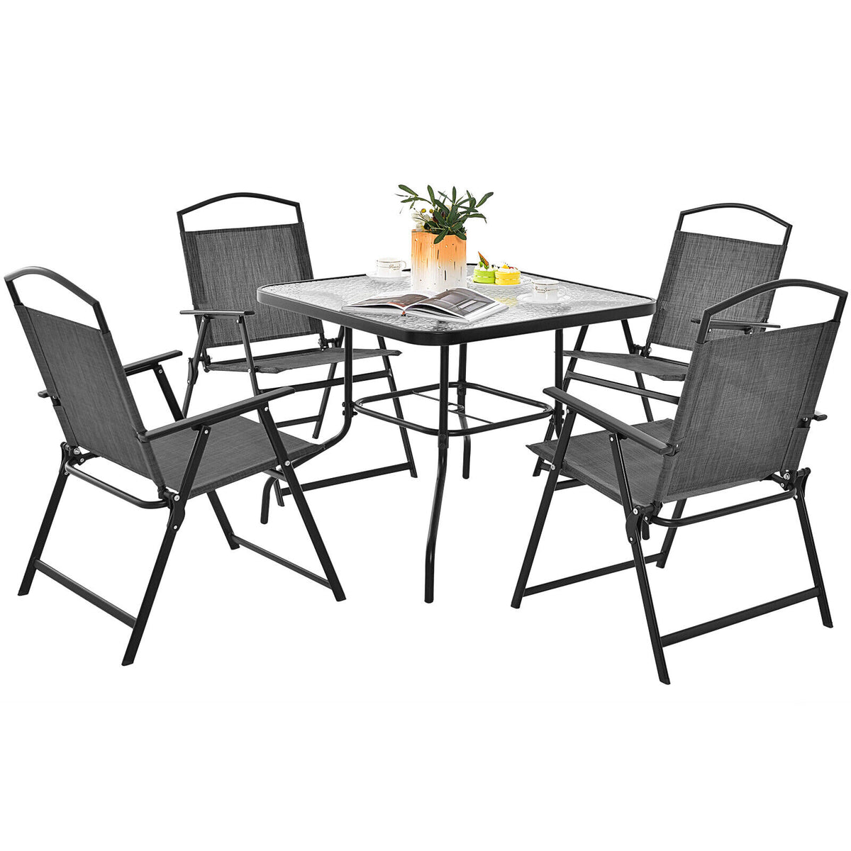 Patio Dining Set for 4, Glass Table & Folding Chairs - Gray