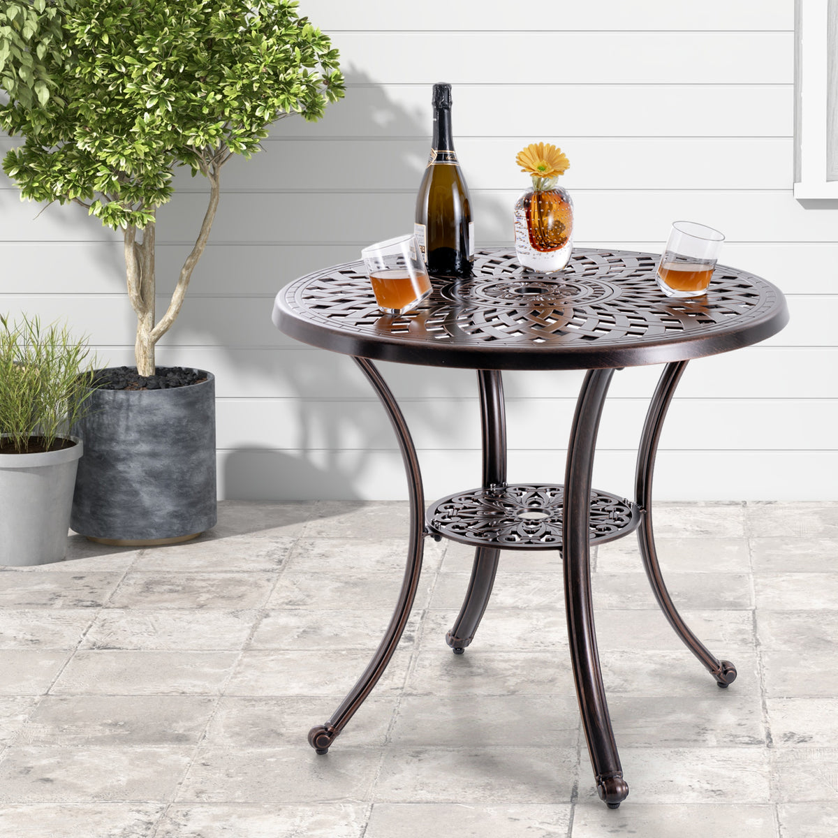 Patio Cast Aluminum Table 31 Inch Diameter Round with Umbrella Hole