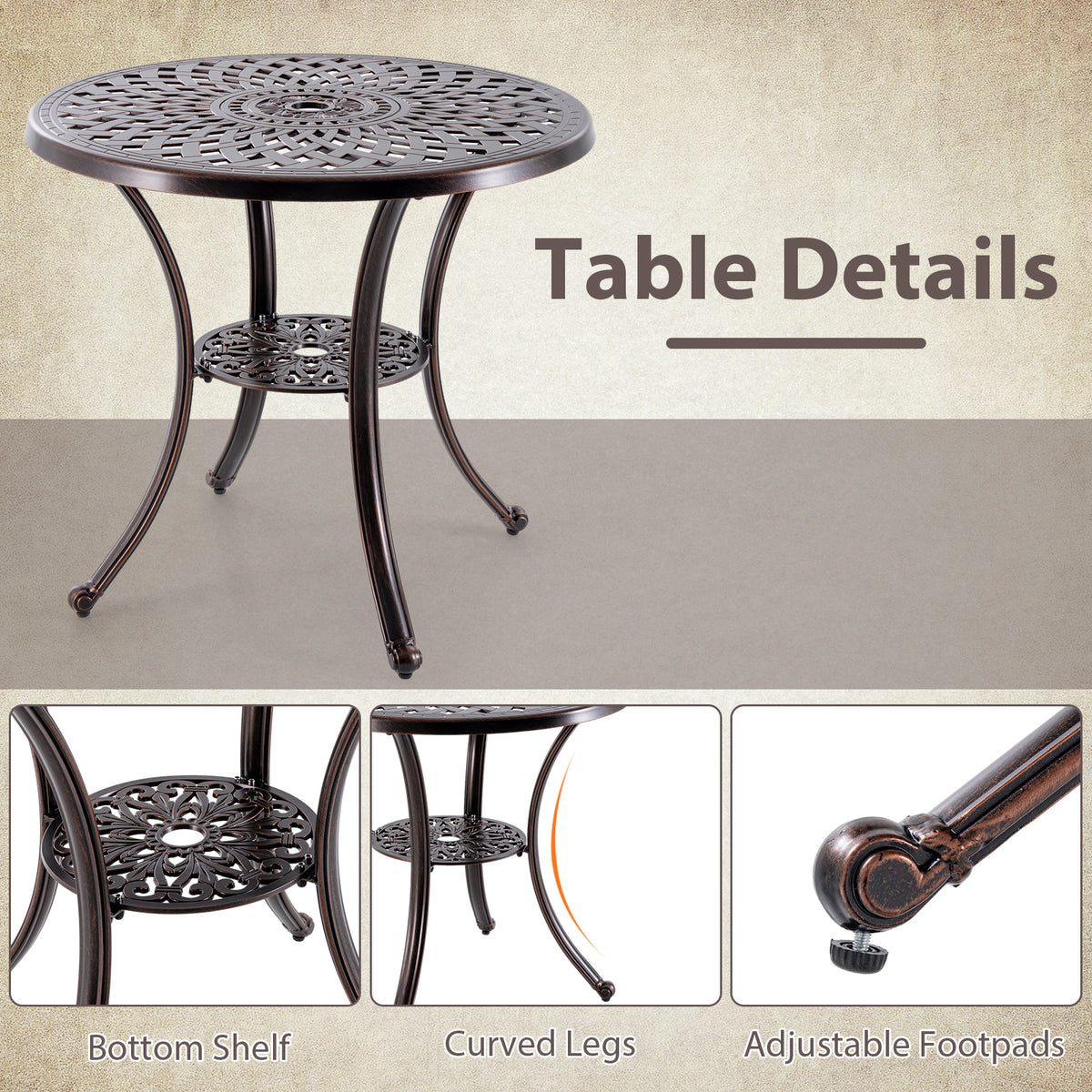 Patio Cast Aluminum Table 31 Inch Diameter Round with Umbrella Hole