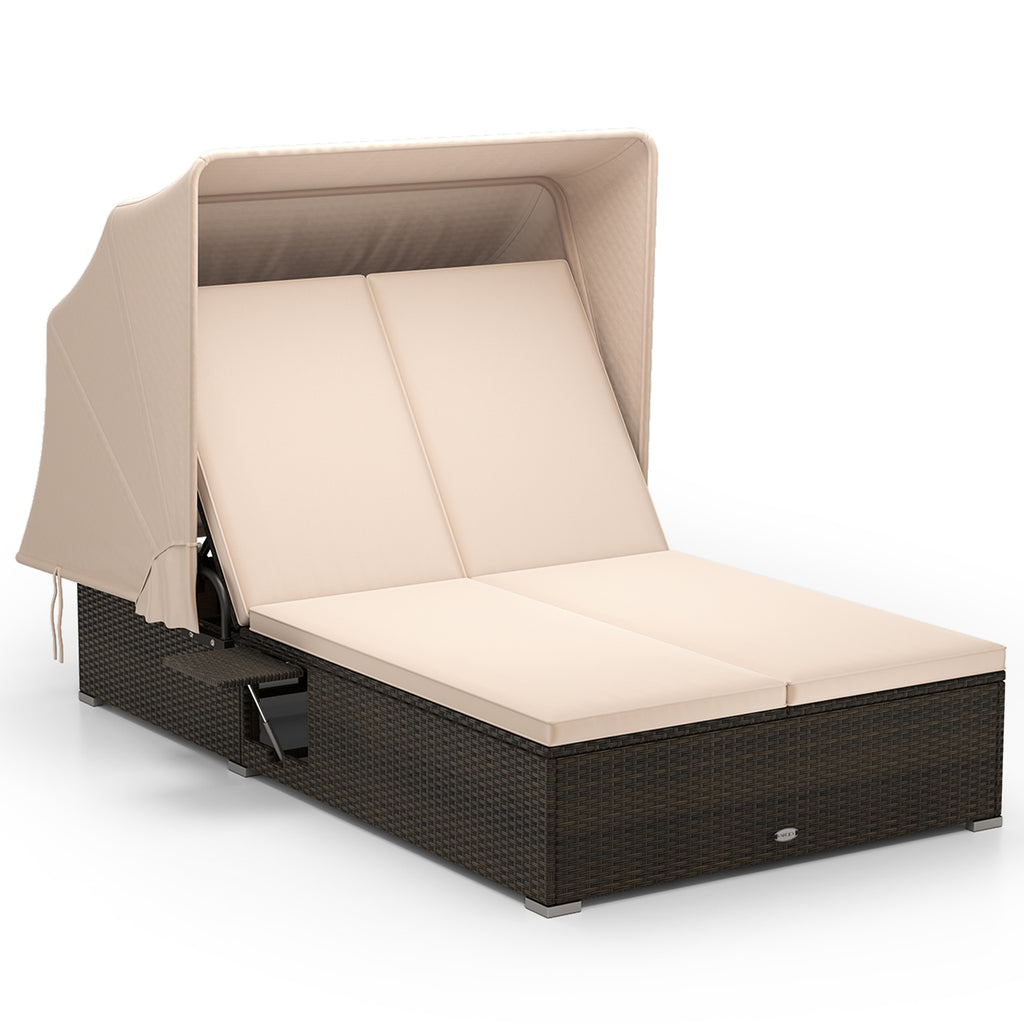 Patio Double Chaise Lounge with Canopy, Cushions & Side Tables - Beige