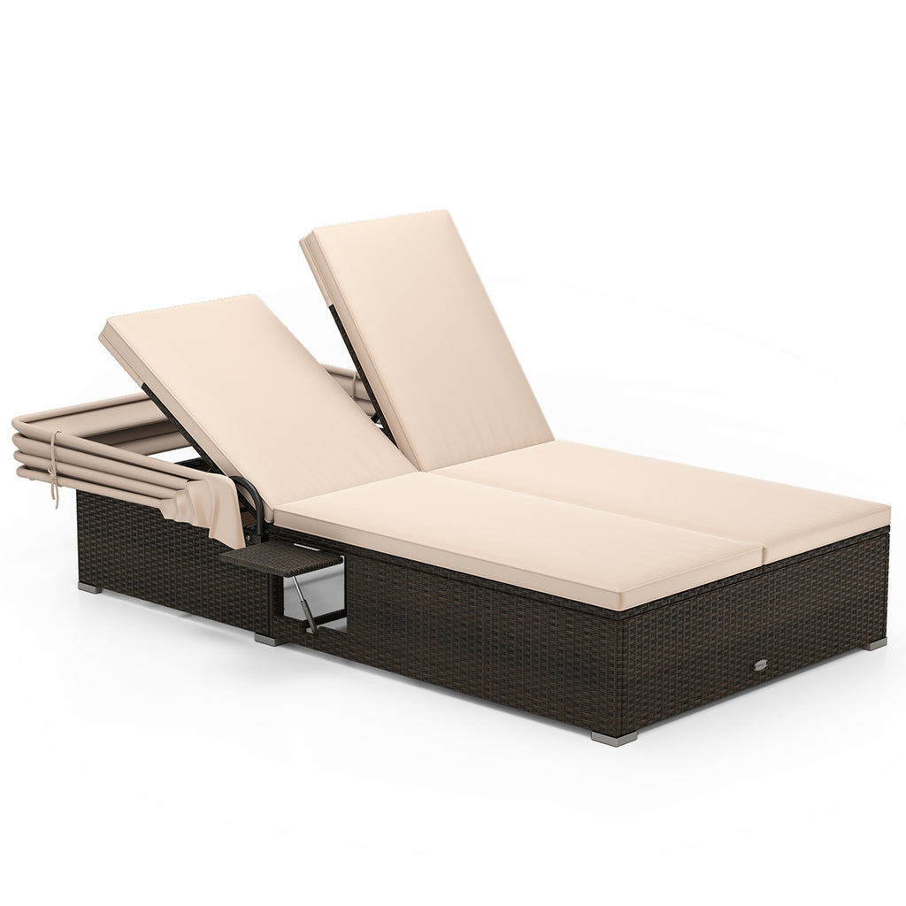 Patio Double Chaise Lounge with Canopy, Cushions & Side Tables - Beige