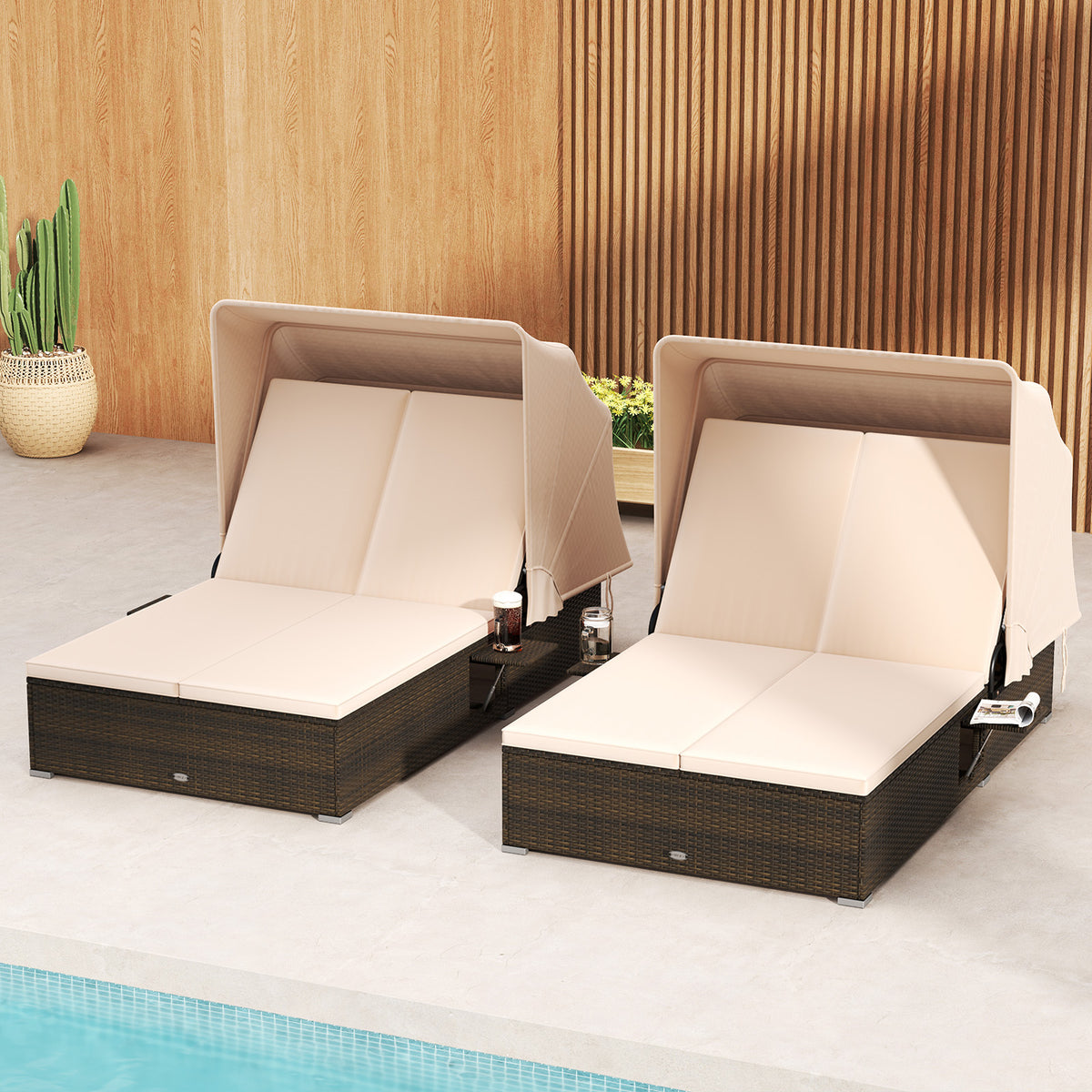 Patio Double Chaise Lounge with Canopy, Cushions & Side Tables - Beige