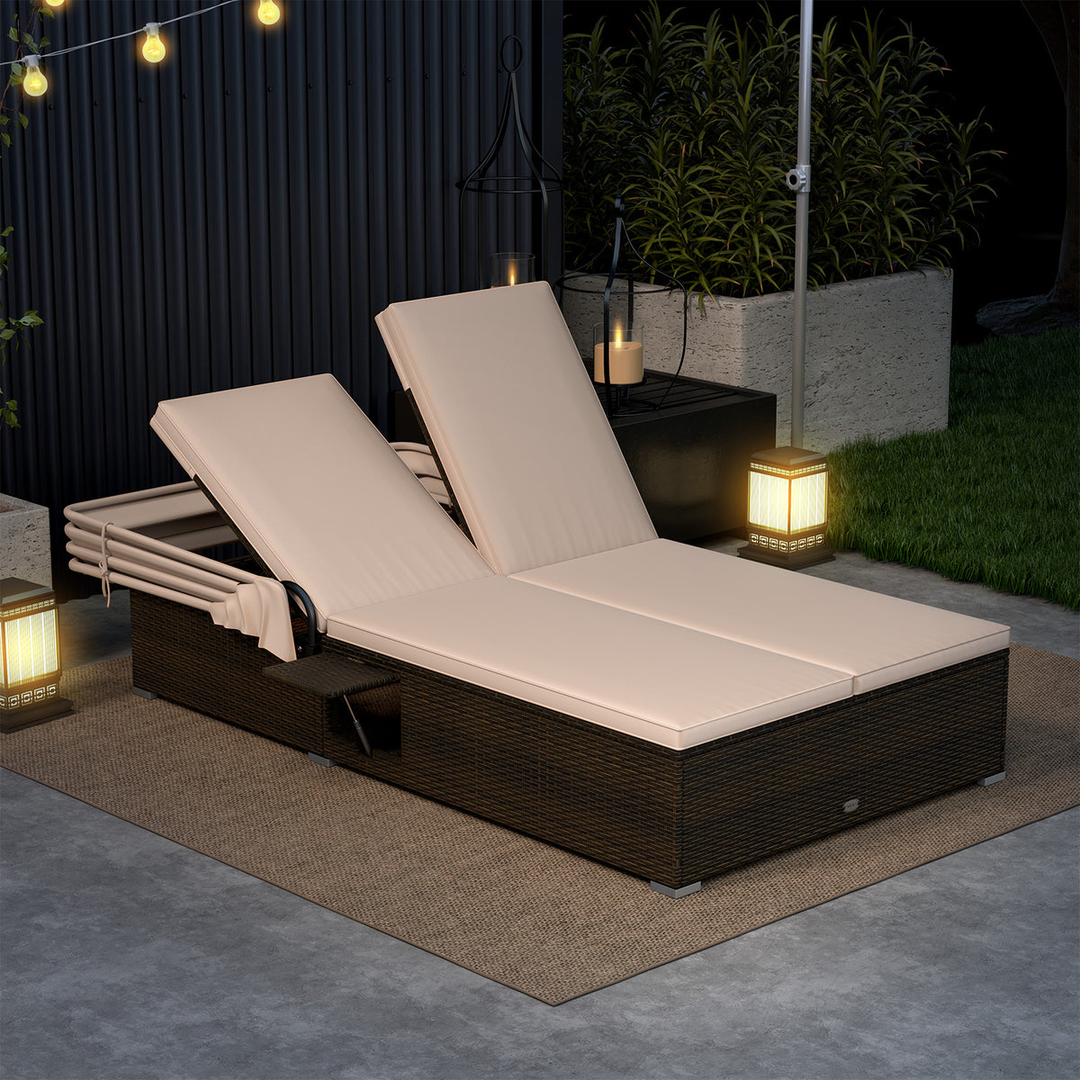 Patio Double Chaise Lounge with Canopy, Cushions & Side Tables - Beige