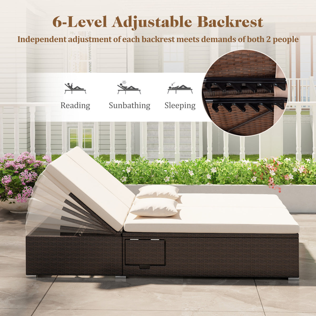 Patio Double Chaise Lounge with Cushions and Folding Side Trays