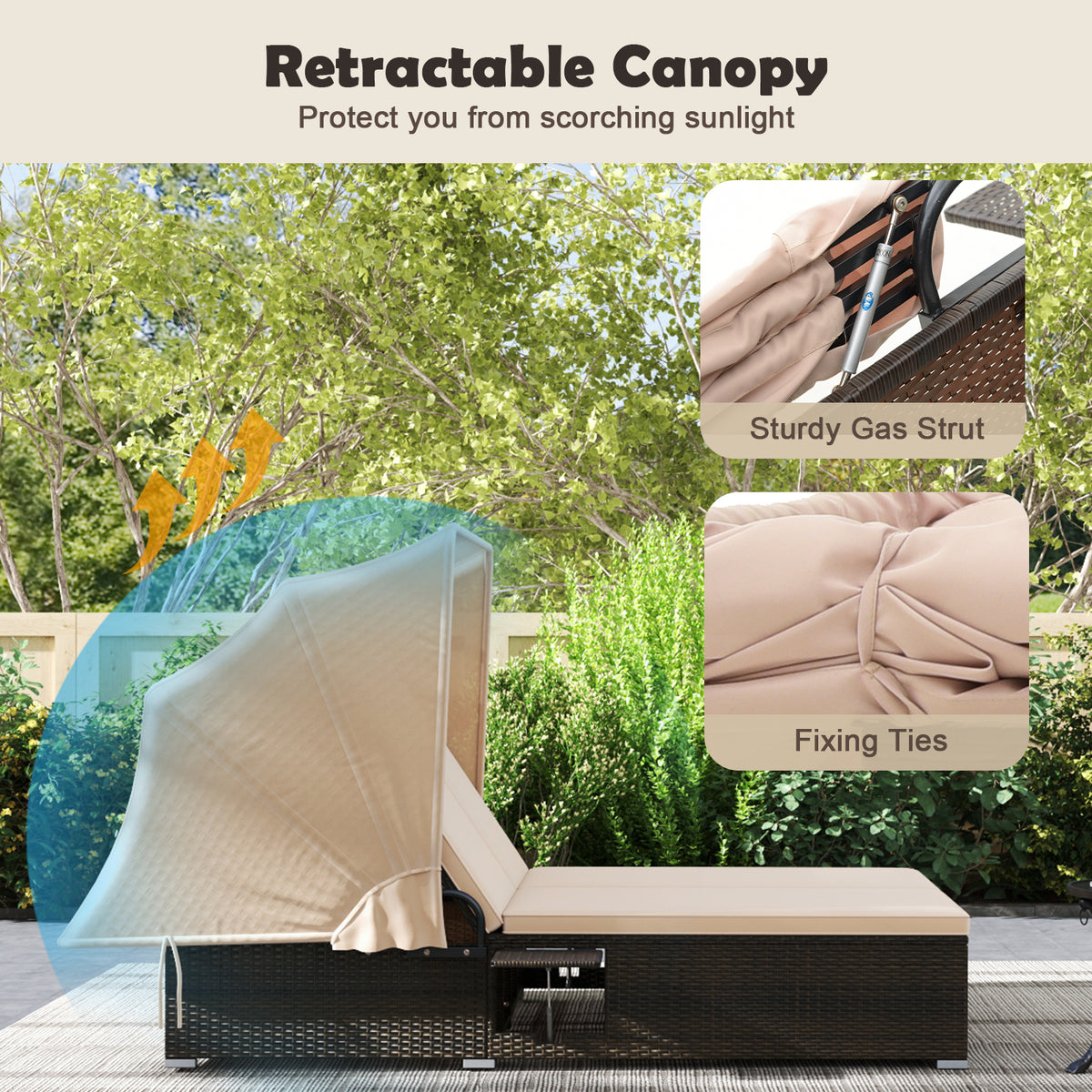 Patio Double Chaise Lounge with Canopy, Cushions & Side Tables - Beige