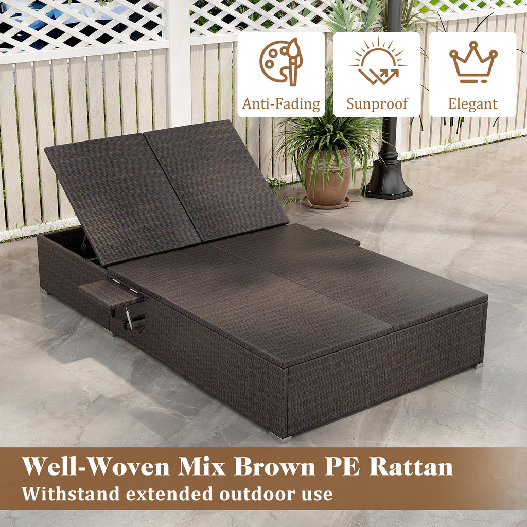 Patio Double Chaise Lounge with Cushions and Folding Side Trays