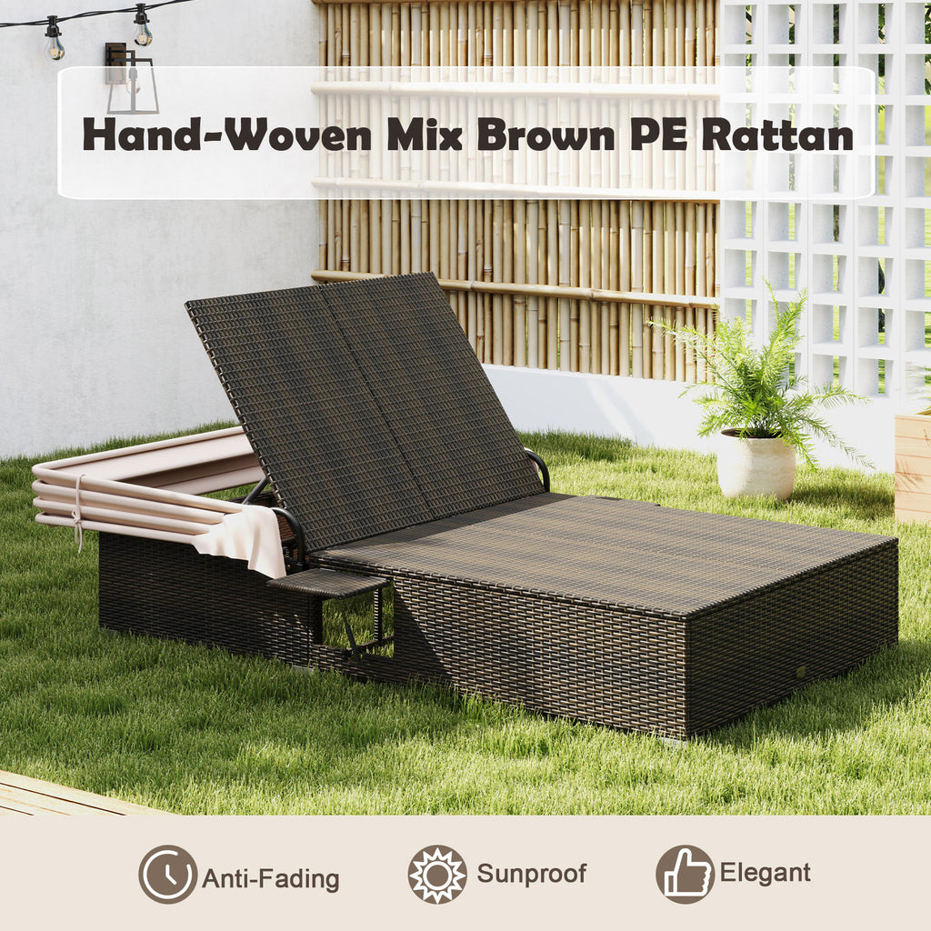Patio Double Chaise Lounge with Canopy, Cushions & Side Tables - Beige