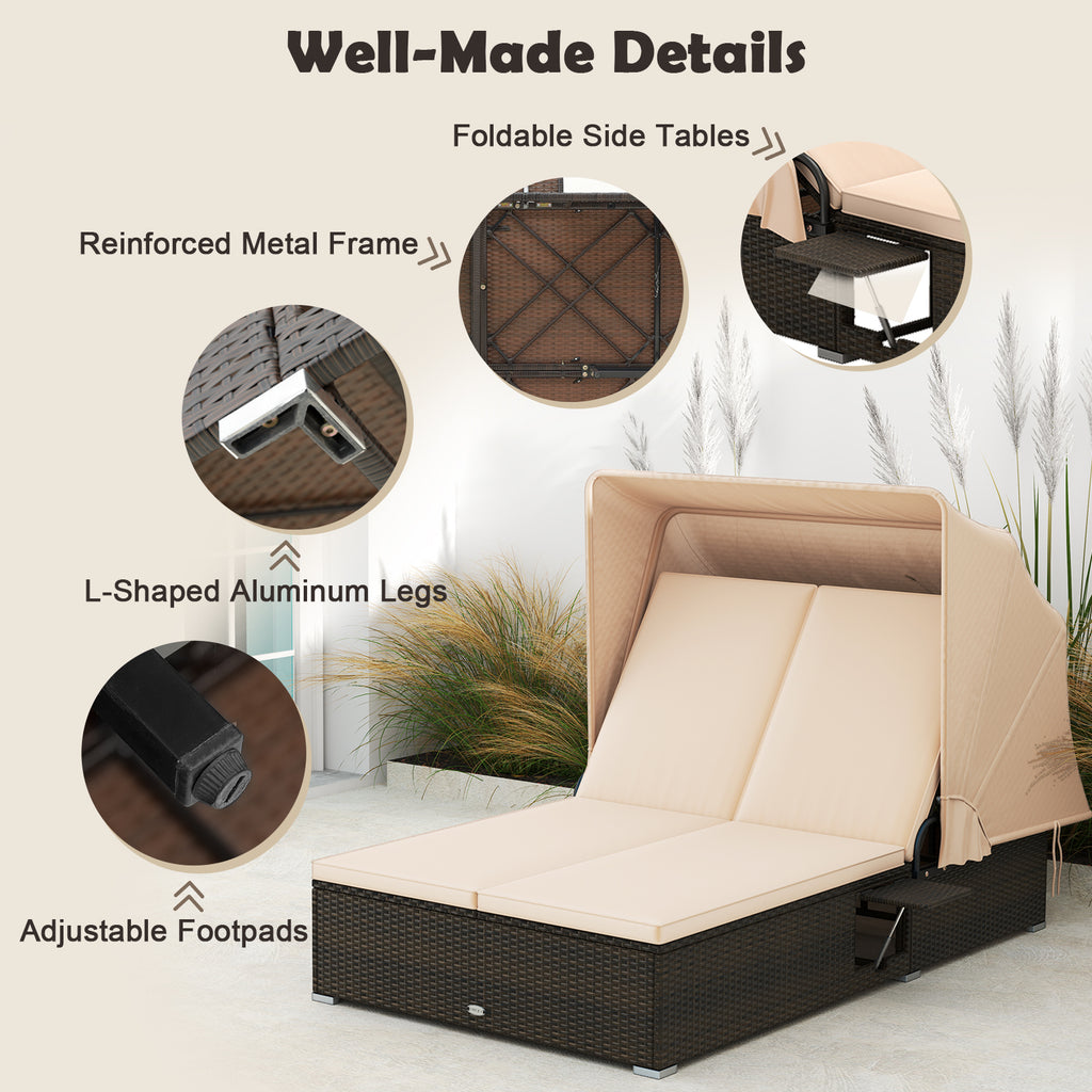 Patio Double Chaise Lounge with Shade Cushions and Folding Side Trays