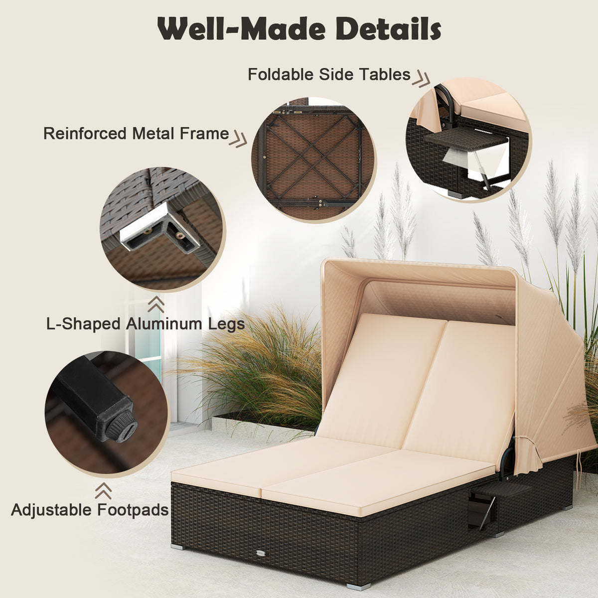 Patio Double Chaise Lounge with Shade Cushions and Folding Side Trays