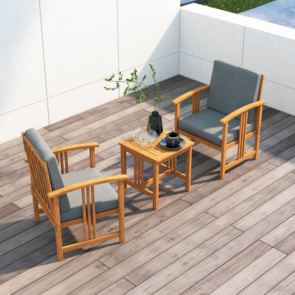 3-Piece Solid Wood Outdoor Patio Sofa Set - Gray (Style E)